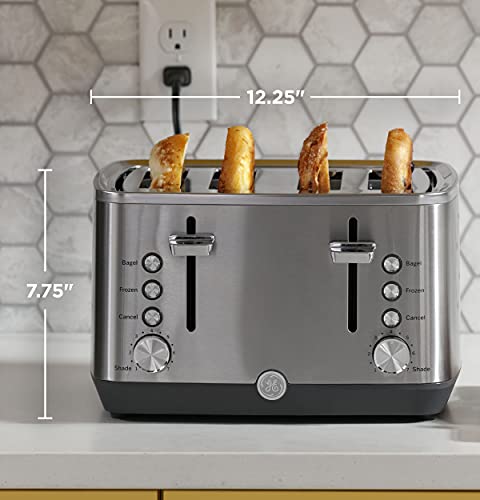 GE Stainless Steel 4 Slice Toaster | Extra Wide Slots for Bagels, Breads, Waffles & More | 7 Shade Options | Countertop Kitchen Essentials | 1500 watt - electronicsexpo.com - Cookware