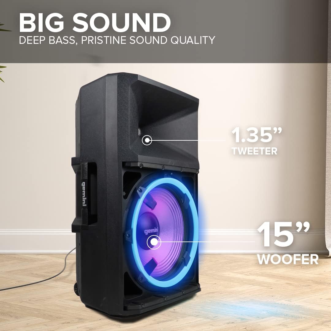 Gemini 2200W 15" Powered Bluetooth PA Speaker with Lights, Stand & Microphone - electronicsexpo.com - Powered + PA Speakers