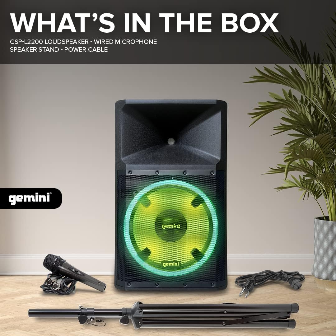 Gemini 2200W 15" Powered Bluetooth PA Speaker with Lights, Stand & Microphone - electronicsexpo.com - Powered + PA Speakers