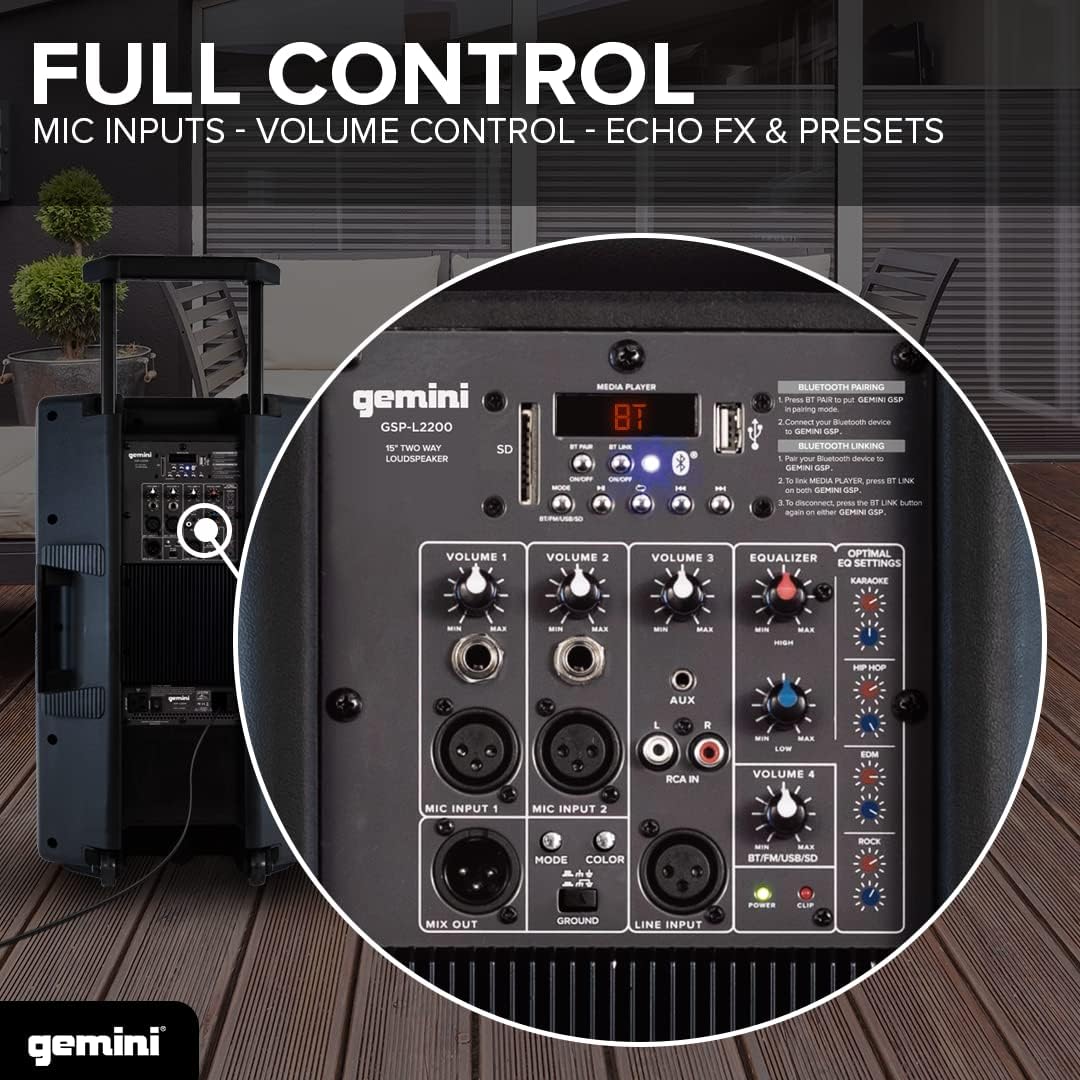 Gemini 2200W 15" Powered Bluetooth PA Speaker with Lights, Stand & Microphone - electronicsexpo.com - Powered + PA Speakers