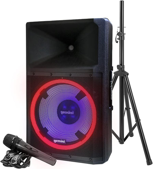 Gemini 2200W 15" Powered Bluetooth PA Speaker with Lights, Stand & Microphone - electronicsexpo.com - Powered + PA Speakers