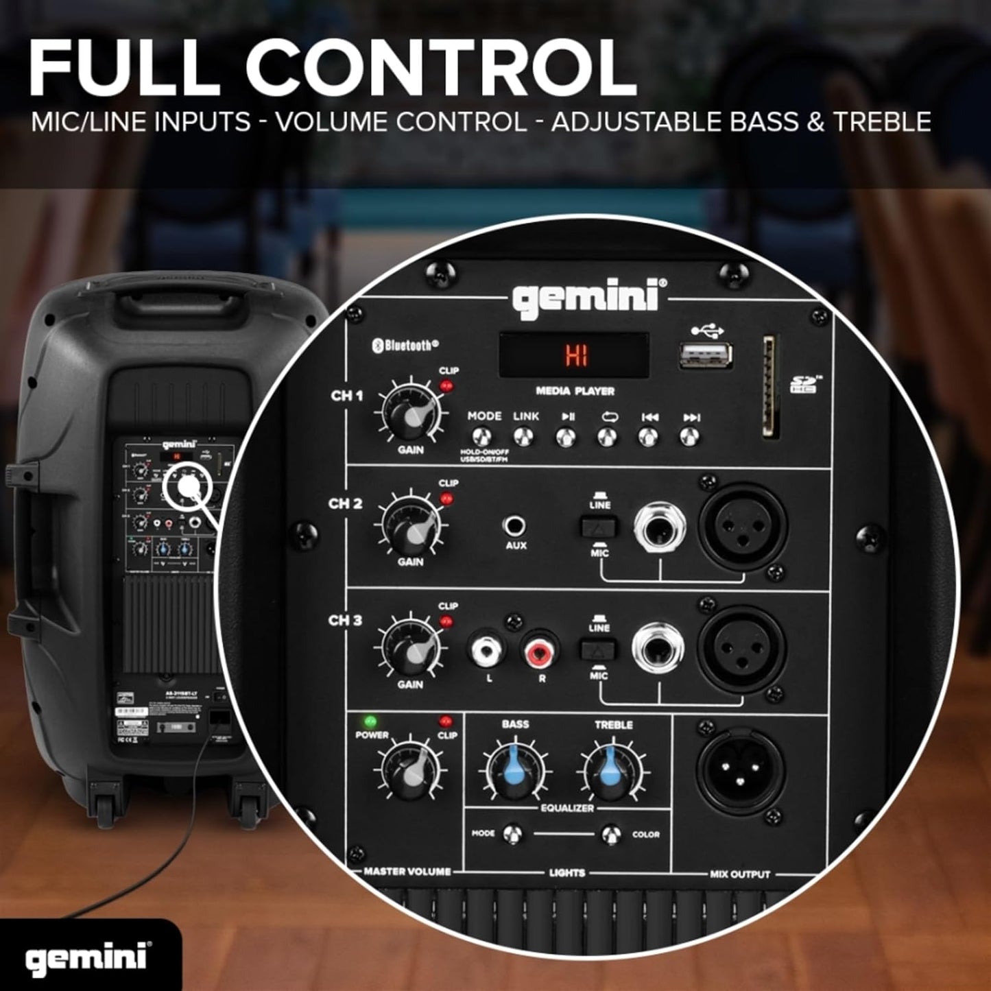 Gemini AS - 2115BT - LT - PK 2000 Watt LED LIT 15" Subwoofer Professional Active Bluetooth DJ PA Speaker, Stand, Mic and Remote Set - electronicsexpo.com - Powered + PA Speakers