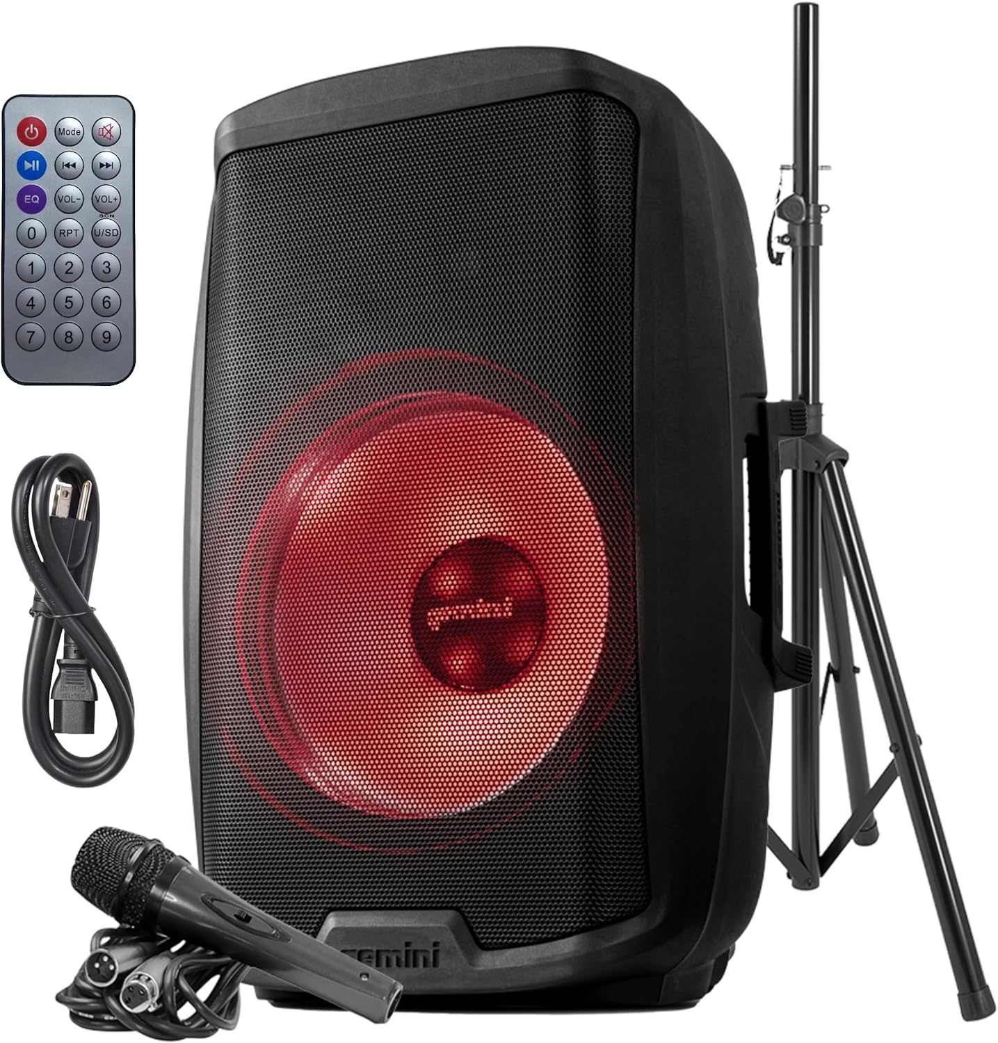 Gemini AS - 2115BT - LT - PK 2000 Watt LED LIT 15" Subwoofer Professional Active Bluetooth DJ PA Speaker, Stand, Mic and Remote Set - electronicsexpo.com - Powered + PA Speakers