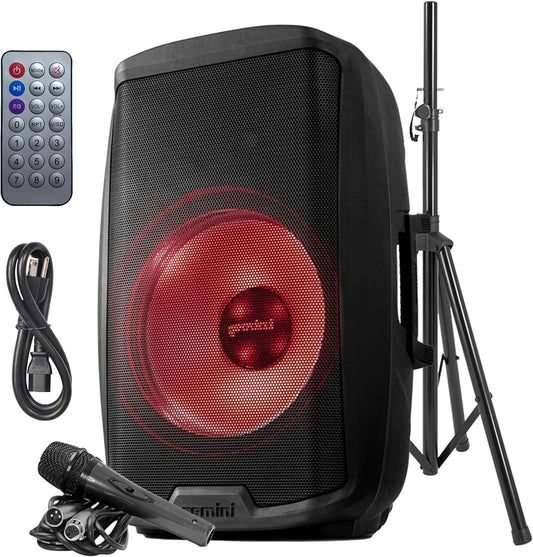 Gemini AS - 2115BT - LT - PK 2000 Watt LED LIT 15" Subwoofer Professional Active Bluetooth DJ PA Speaker, Stand, Mic and Remote Set - electronicsexpo.com - Powered + PA Speakers