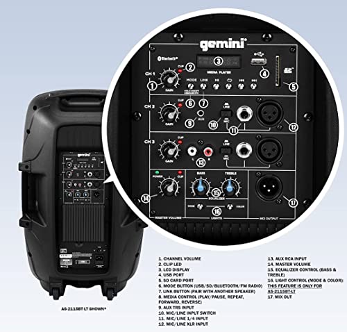 Gemini Sound AS - 2115BT - LT 2000W 15" Bluetooth PA Speaker with LED Lights - electronicsexpo.com - Powered + PA Speakers