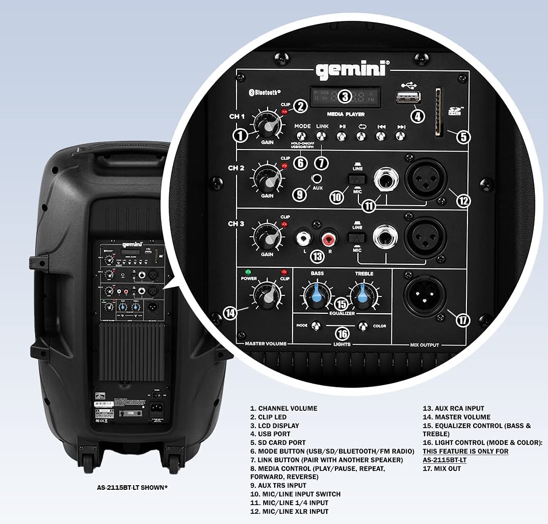 Gemini Sound AS - 2115BT - LT 2000W 15" Bluetooth PA Speaker with LED Lights - electronicsexpo.com - Powered + PA Speakers