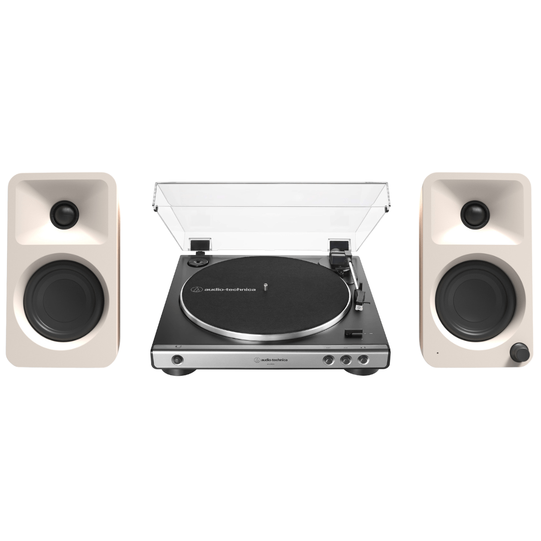 Kanto ORAME 100W Powered Reference Desktop Computer Speakers (Cream) with Audio Technica 60X - GM Fully Automatic Belt - Drive Stereo Turntable (Bundle) - electronicsexpo.com - Home Theater Systems & Packages
