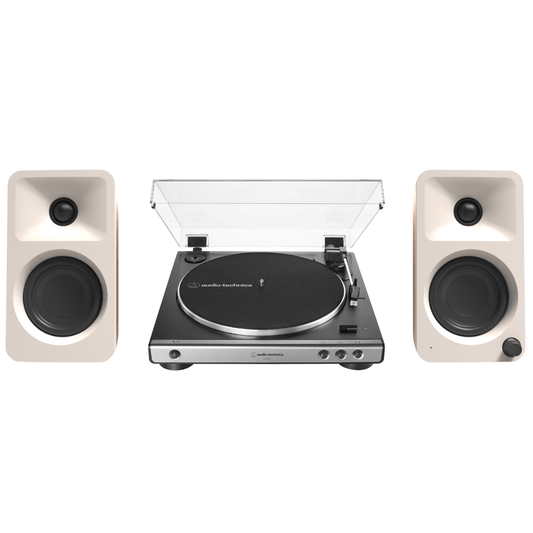 Kanto ORAME 100W Powered Reference Desktop Computer Speakers (Cream) with Audio Technica 60X - GM Fully Automatic Belt - Drive Stereo Turntable (Bundle) - electronicsexpo.com - Home Theater Systems & Packages