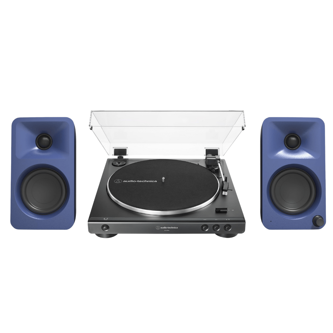 Kanto ORAME 100W Powered Reference Desktop Computer Speakers (Indigo) with Audio Technica 60X - BK Fully Automatic Belt - Drive Stereo Turntable (Bundle) - electronicsexpo.com - Home Theater Systems & Packages