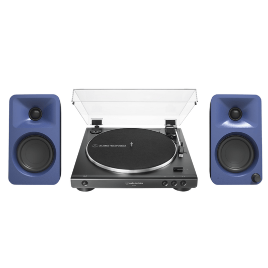 Kanto ORAME 100W Powered Reference Desktop Computer Speakers (Indigo) with Audio Technica 60X - BK Fully Automatic Belt - Drive Stereo Turntable (Bundle) - electronicsexpo.com - Home Theater Systems & Packages