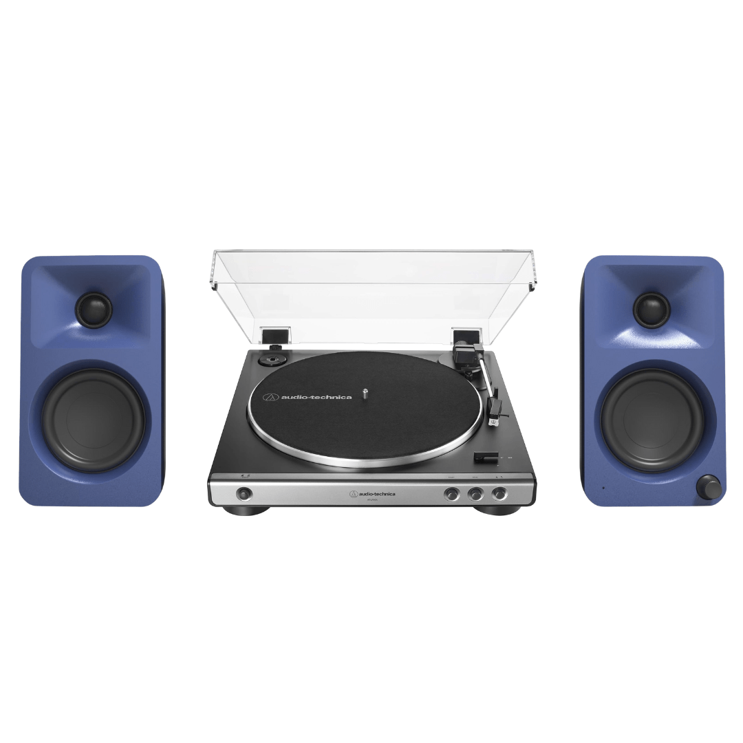 Kanto ORAME 100W Powered Reference Desktop Computer Speakers (Indigo) with Audio Technica 60X - GM Fully Automatic Belt - Drive Stereo Turntable (Bundle) - electronicsexpo.com - Home Theater Systems & Packages