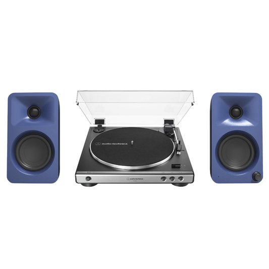 Kanto ORAME 100W Powered Reference Desktop Computer Speakers (Indigo) with Audio Technica 60X - GM Fully Automatic Belt - Drive Stereo Turntable (Bundle) - electronicsexpo.com - Home Theater Systems & Packages