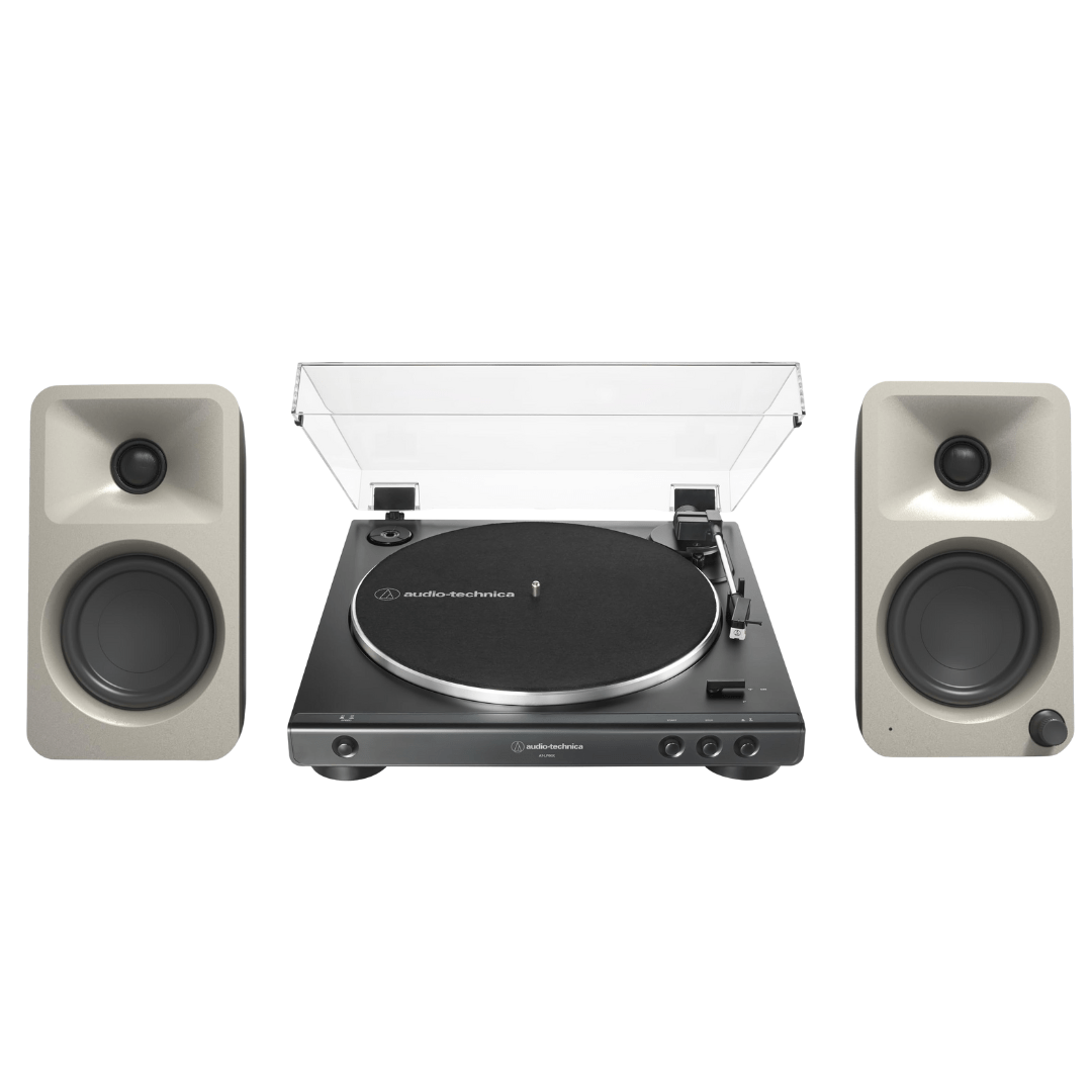 Kanto ORAME 100W Powered Reference Desktop Computer Speakers (Moon) with Audio Technica 60X - BK Fully Automatic Belt - Drive Stereo Turntable (Bundle) - electronicsexpo.com - Home Theater Systems & Packages