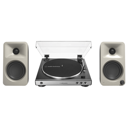 Kanto ORAME 100W Powered Reference Desktop Computer Speakers (Moon) with Audio Technica 60X - GM Fully Automatic Belt - Drive Stereo Turntable (Bundle) - electronicsexpo.com - Home Theater Systems & Packages