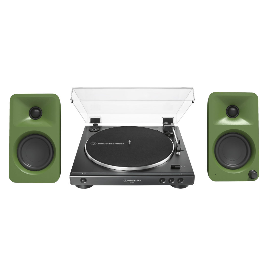 Kanto ORAME 100W Powered Reference Desktop Computer Speakers (Moss) with Audio Technica 60X - BK Fully Automatic Belt - Drive Stereo Turntable (Bundle) - electronicsexpo.com - Home Theater Systems & Packages