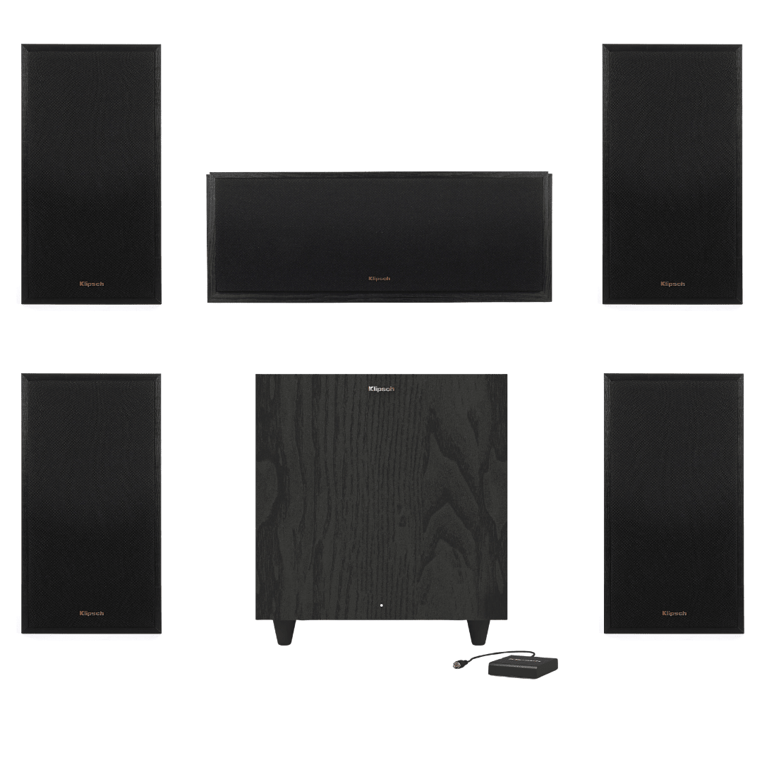 Klipsch R-51M Bookshelf Speakers (2 Pairs) with R-52C Center Channel Speaker and R-80SWi 8" 150W Wireless Subwoofer (Bundle) - electronicsexpo.com-Home Theater Systems & Packages