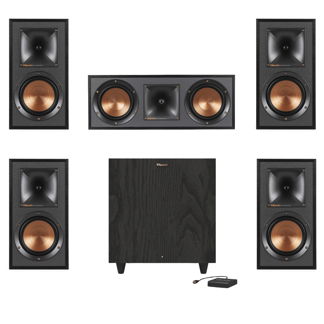 Klipsch R-51M Bookshelf Speakers (2 Pairs) with R-52C Center Channel Speaker and R-80SWi 8" 150W Wireless Subwoofer (Bundle) - electronicsexpo.com-Home Theater Systems & Packages