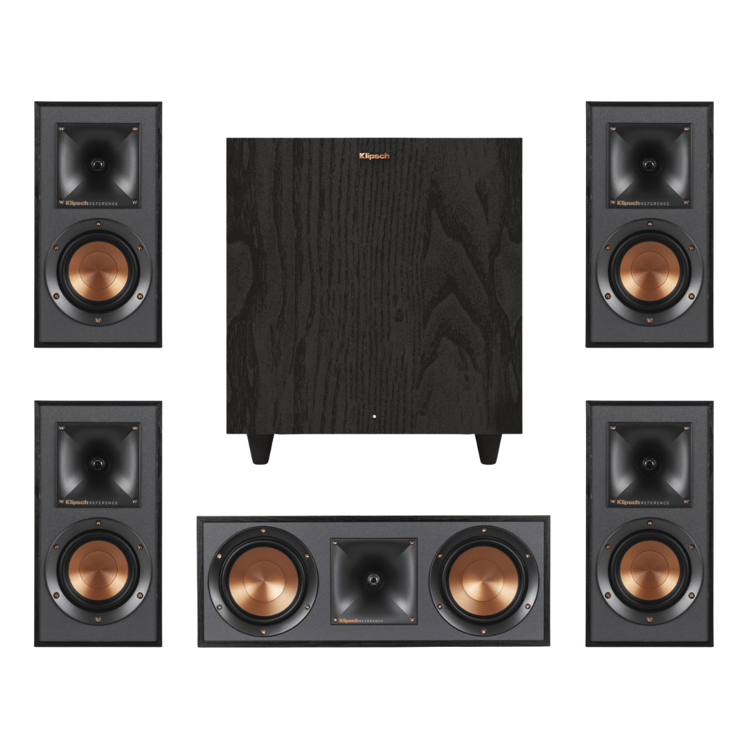 Klipsch Reference Home Theater Speaker Bundle Includes (4) R - 41M Bookshelf Speakers, (1) R - 52C Center Channel, and (1) R - 80SWi 8" Wireless Subwoofer for Immersive Surround Sound - electronicsexpo.com - Home Theater Systems & Packages