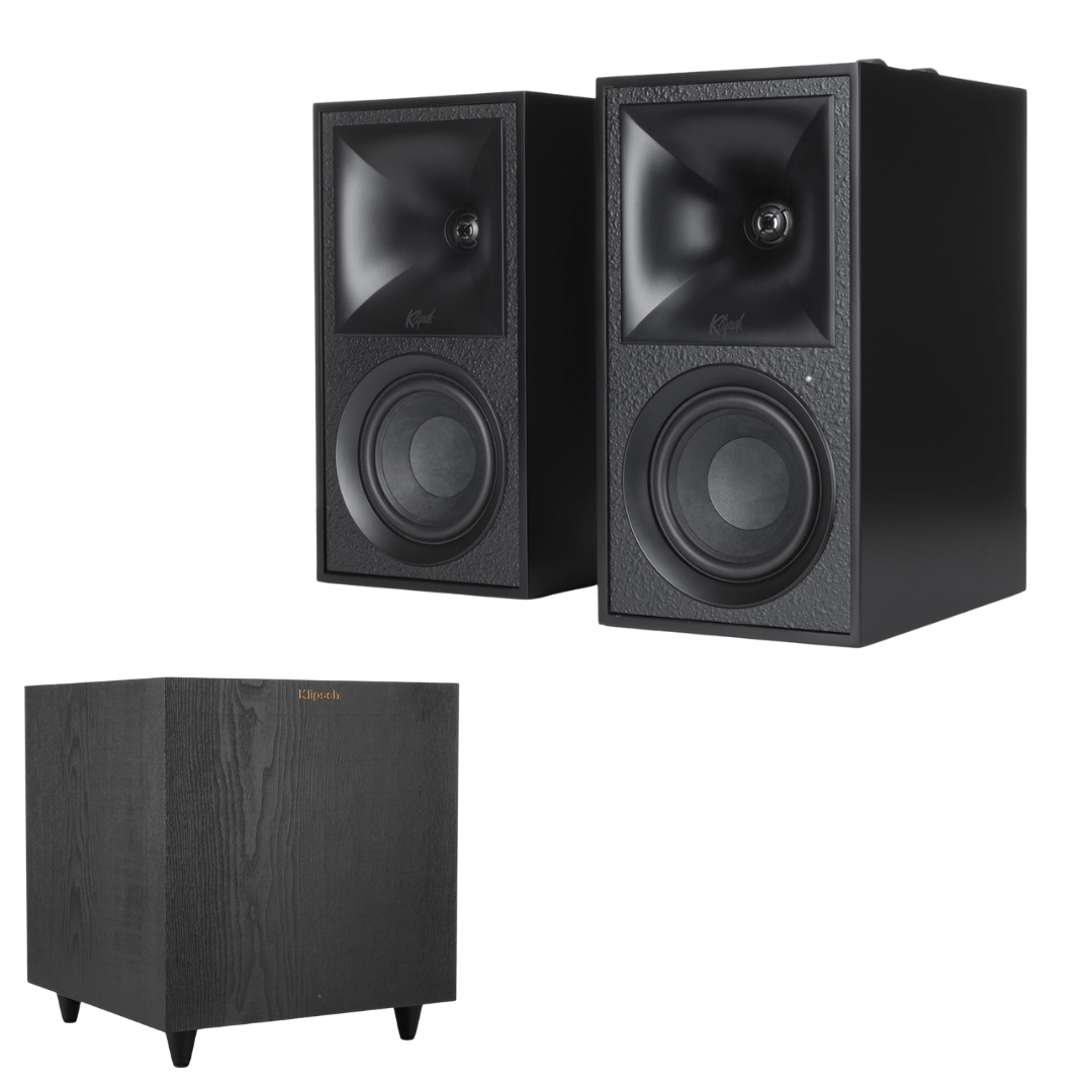 Klipsch The Fives Powered Bookshelf Speakers (Matte Black) with R - 80SWi 8" 150W Wireless Subwoofer - Powerful Sound System with Deep Bass (Bundle) - electronicsexpo.com - Powered Speakers