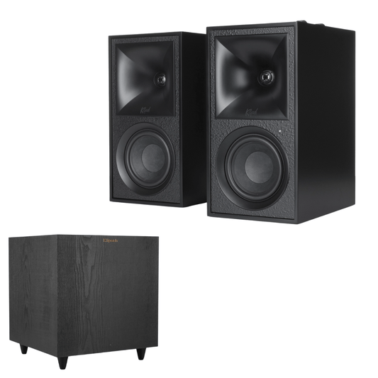 Klipsch The Fives Powered Bookshelf Speakers (Matte Black) with R - 80SWi 8" 150W Wireless Subwoofer - Powerful Sound System with Deep Bass (Bundle) - electronicsexpo.com - Powered Speakers