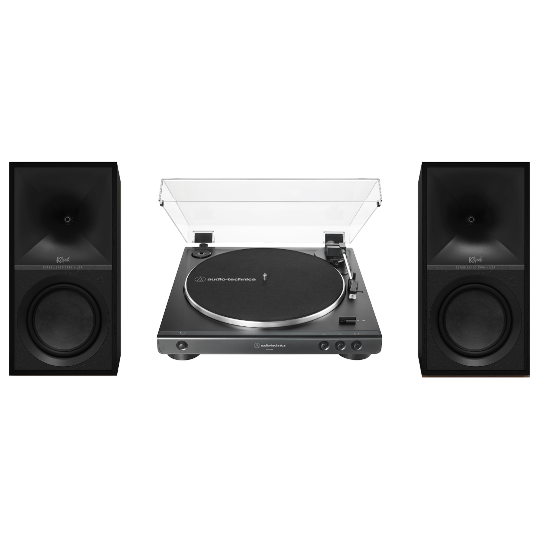 Klipsch The Sevens Heritage Inspired Powered Speakers (Black) with Audio Technica 60X - BK Fully Automatic Belt - Drive Stereo Turntable - Bundle - electronicsexpo.com - Home Theater Systems & Packages