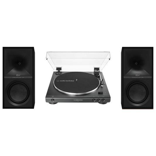 Klipsch The Sevens Heritage Inspired Powered Speakers (Black) with Audio Technica 60X - BK Fully Automatic Belt - Drive Stereo Turntable - Bundle - electronicsexpo.com - Home Theater Systems & Packages