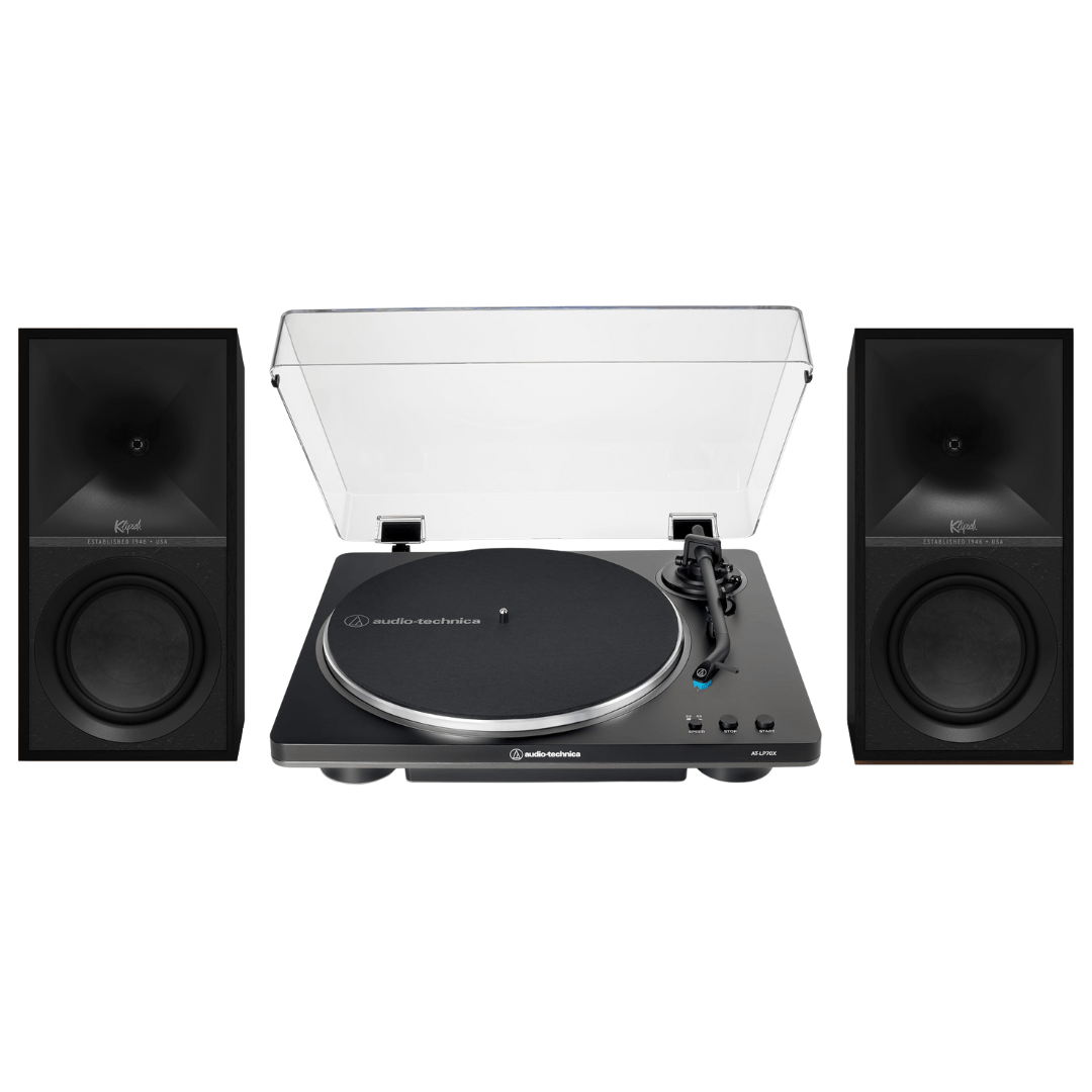 Klipsch The Sevens Heritage Inspired Powered Speakers (Black) with Audio Technica LP70X Fully Automatic Belt - Drive Stereo Turntable - Bundle - electronicsexpo.com - Home Theater Systems & Packages