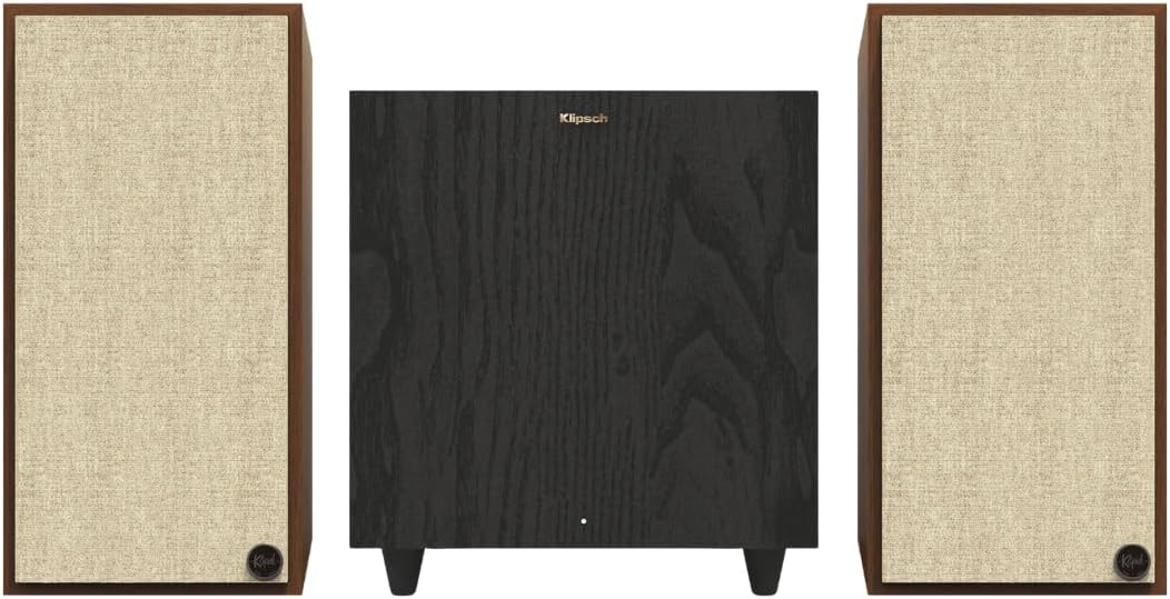 Klipsch The Sevens Heritage Inspired Powered Speakers (Walnut) and R - 80SWi 8" Wireless Subwoofer (Black) - Powerful 2.1 Audio System (Bundle) - electronicsexpo.com - Powered Speakers