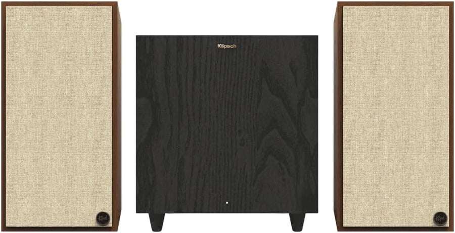 Klipsch The Sevens Heritage Inspired Powered Speakers (Walnut) and R - 80SWi 8" Wireless Subwoofer (Black) - Powerful 2.1 Audio System (Bundle) - electronicsexpo.com - Powered Speakers