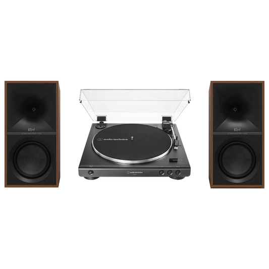 Klipsch The Sevens Heritage Inspired Powered Speakers (Walnut) with Audio Technica 60X - BK Fully Automatic Belt - Drive Stereo Turntable (Bundle) - electronicsexpo.com - Home Theater Systems & Packages
