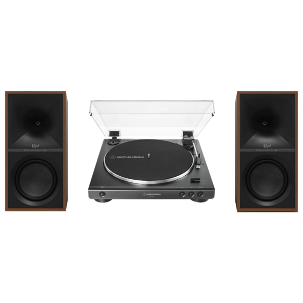 Klipsch The Sevens Heritage Inspired Powered Speakers (Walnut) with Audio Technica 60X - BK Fully Automatic Belt - Drive Stereo Turntable (Bundle) - electronicsexpo.com - Home Theater Systems & Packages
