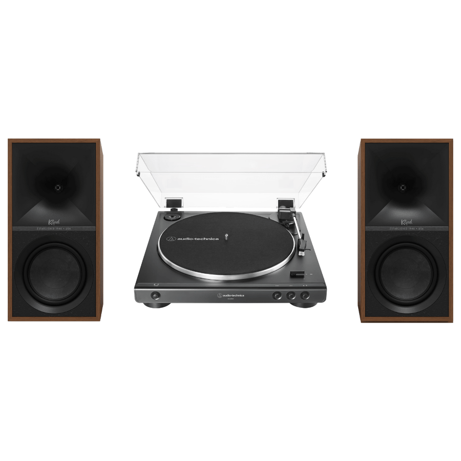 Klipsch The Sevens Heritage Inspired Powered Speakers (Walnut) with Audio Technica 60X - BK Fully Automatic Belt - Drive Stereo Turntable (Bundle) - electronicsexpo.com - Home Theater Systems & Packages