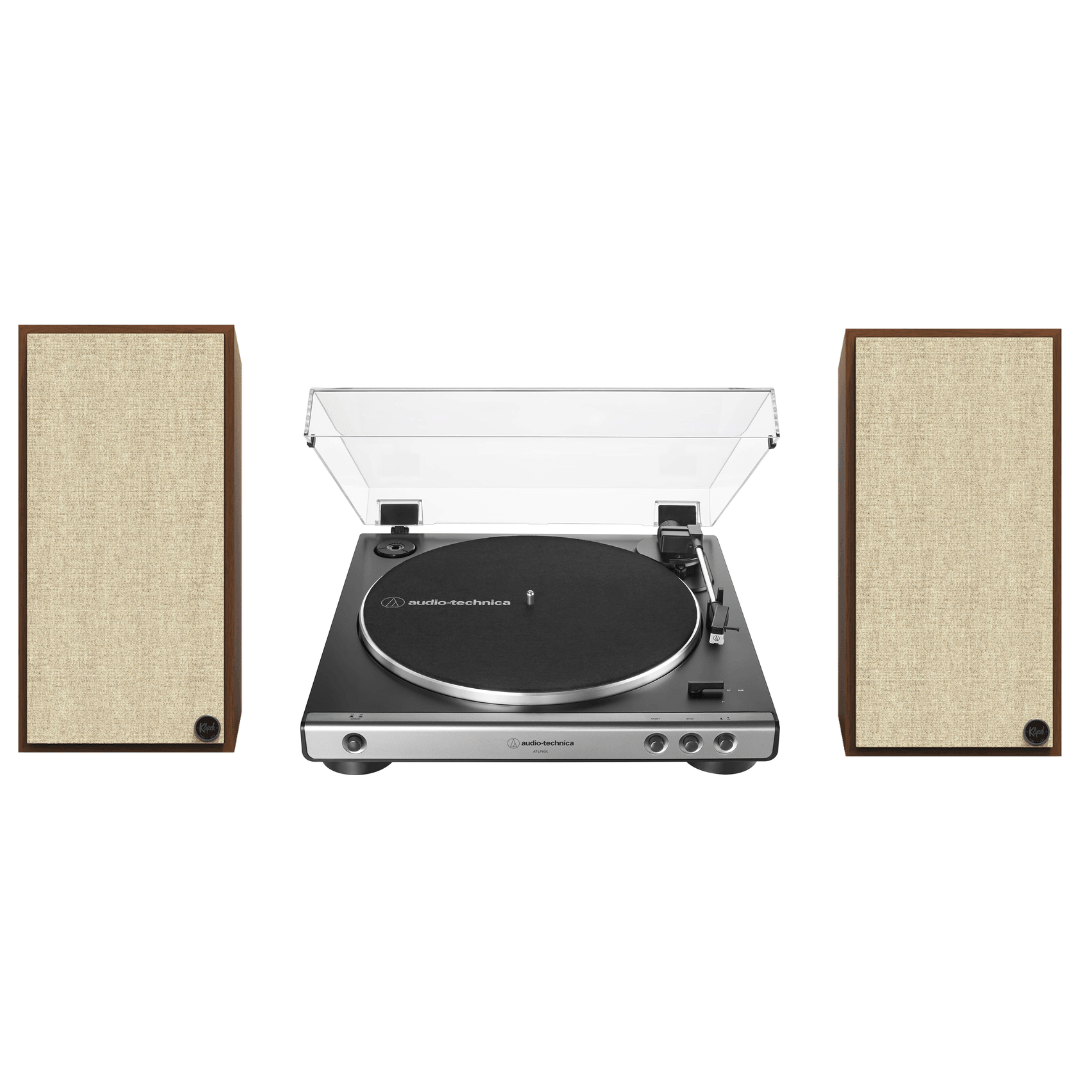 Klipsch The Sevens Heritage Inspired Powered Speakers (Walnut) with Audio Technica 60X - GM Fully Automatic Belt - Drive Stereo Turntable (Bundle) - electronicsexpo.com - Home Theater Systems & Packages