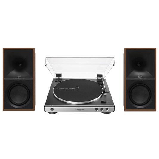 Klipsch The Sevens Heritage Inspired Powered Speakers (Walnut) with Audio Technica 60X - GM Fully Automatic Belt - Drive Stereo Turntable (Bundle) - electronicsexpo.com - Home Theater Systems & Packages