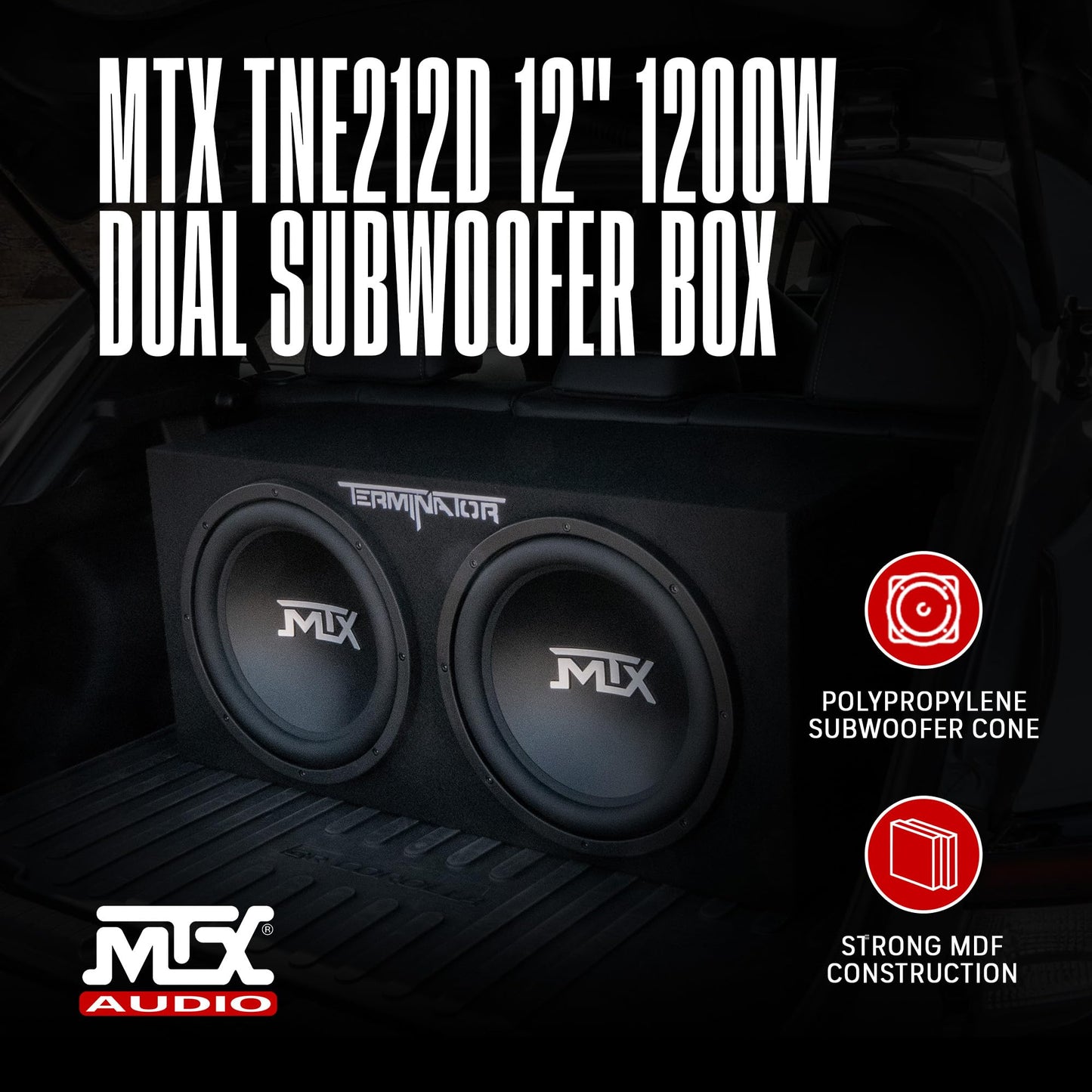 MTX Dual 12" Subwoofers with Loaded Enclosure, 1200W Max Power, 400W RMS, Terminator - electronicsexpo.com - Car Subwoofers