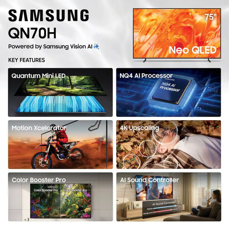Samsung QN70H 75” Neo QLED Mini LED 4K UHD SamsungVision AI Smart Tizen TV - electronicsexpo.com-Televisions