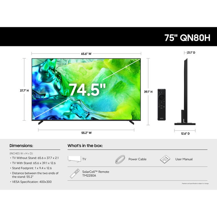 Samsung QN80H 75" 4K HDR Smart Quantum Dot Mini-LED TV - electronicsexpo.com-Televisions