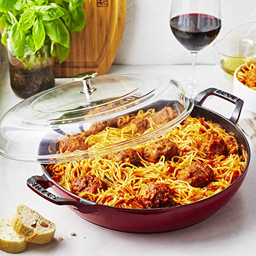 Staub Cast Iron Braiser with Glass Lid, Dutch Oven, 3.5 - quart, serves 3 - 4 (Cherry) - electronicsexpo.com - Dutch Ovens