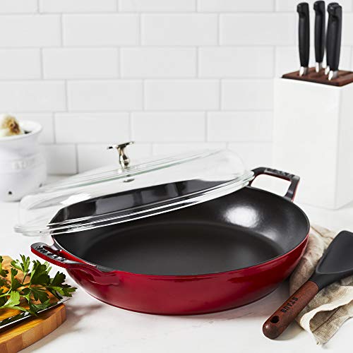 Staub Cast Iron Braiser with Glass Lid, Dutch Oven, 3.5 - quart, serves 3 - 4 (Cherry) - electronicsexpo.com - Dutch Ovens