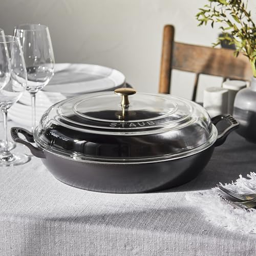 Staub Cast Iron Braiser with Glass Lid, Dutch Oven, 3.5qt, serves 3 - 4 (Matte Black) - electronicsexpo.com - Dutch Ovens