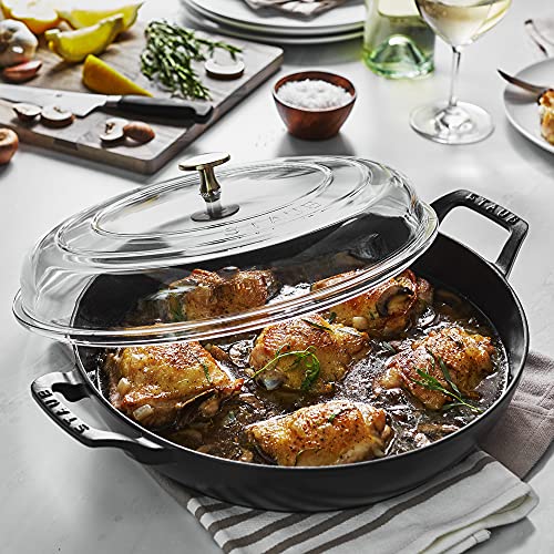 Staub Cast Iron Braiser with Glass Lid, Dutch Oven, 3.5qt, serves 3 - 4 (Matte Black) - electronicsexpo.com - Dutch Ovens