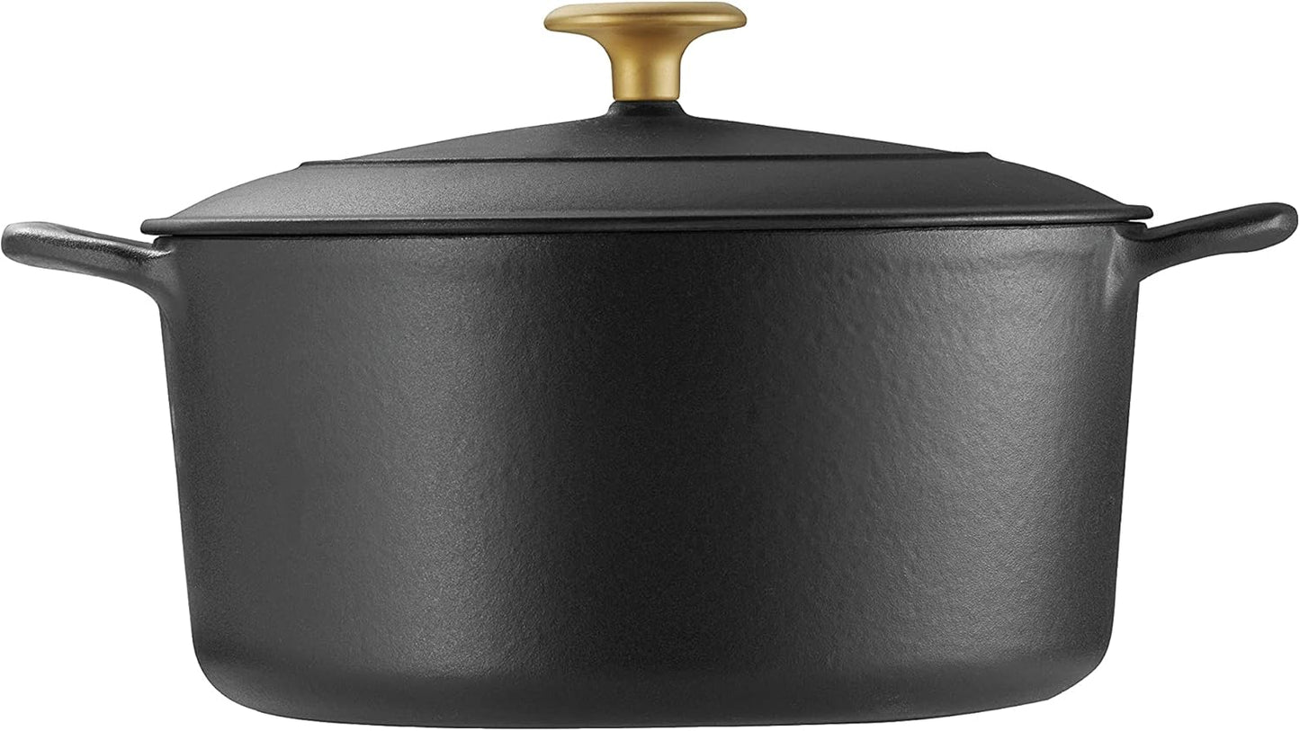 Tramontina Enameled Cast Iron Dutch Oven Pot with Lid, Round 5.5qt (Matte Black with Gold Knob) - electronicsexpo.com - Dutch Ovens
