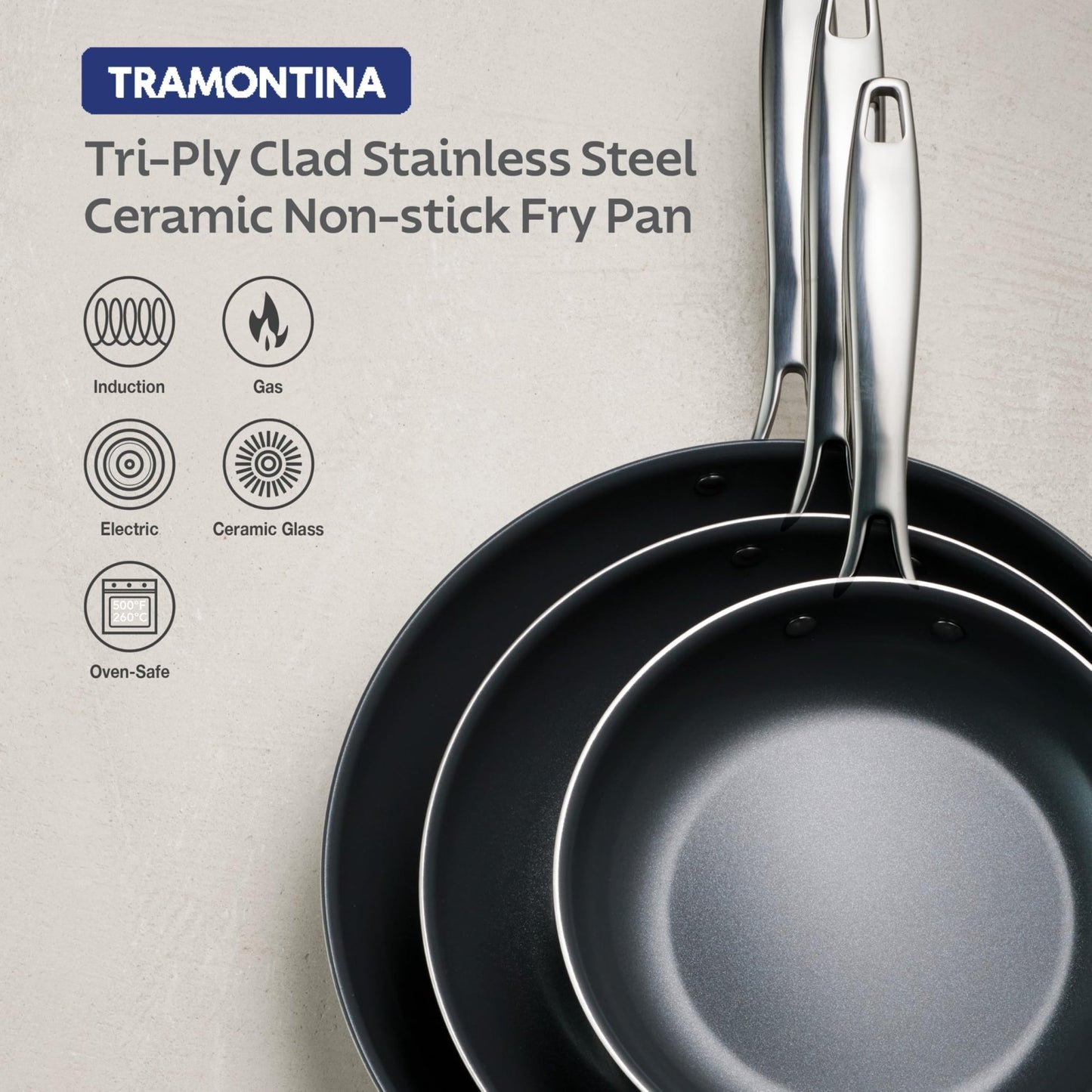 Tramontina Seattle 12" Tri - Ply Clad Stainless Steel Large Frying Pan - electronicsexpo.com - Frying Pans & Skillets