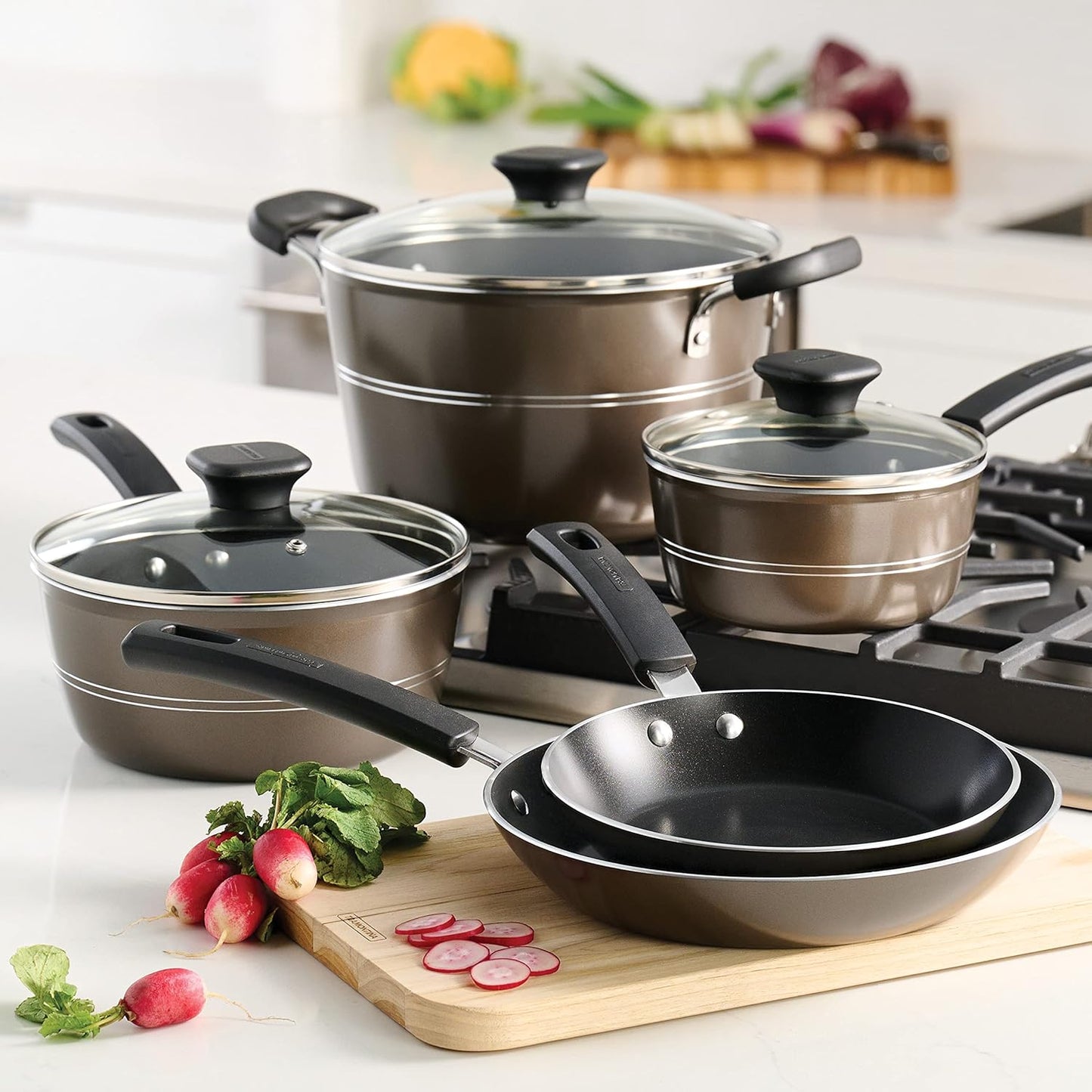 Tramontina Sicilia 8 - Piece Non Stick Cookware Set with Glass Lids, Aluminum Nonstick Pots and Pans Kitchen Set (Hazelnut) - electronicsexpo.com - Cookware Sets