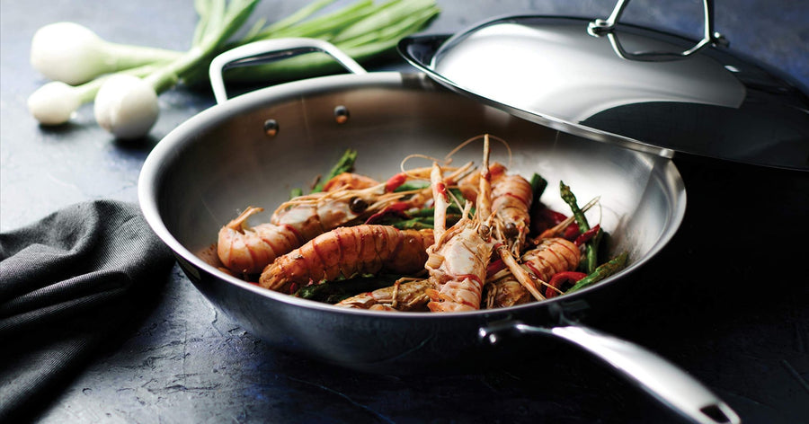 Tramontina Signature Tri - Ply Clad Stainless Steel 12.5" Wok with lid, Induction - Ready, Dishwasher - Safe, NSF - Certified, Made in Brazil - electronicsexpo.com - Frying Pans & Skillets