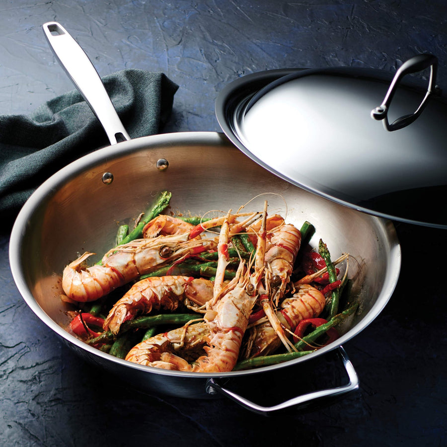 Tramontina Signature Tri - Ply Clad Stainless Steel 12.5" Wok with lid, Induction - Ready, Dishwasher - Safe, NSF - Certified, Made in Brazil - electronicsexpo.com - Frying Pans & Skillets