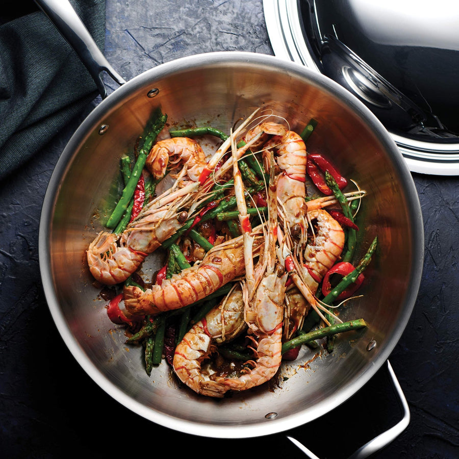 Tramontina Signature Tri - Ply Clad Stainless Steel 12.5" Wok with lid, Induction - Ready, Dishwasher - Safe, NSF - Certified, Made in Brazil - electronicsexpo.com - Frying Pans & Skillets