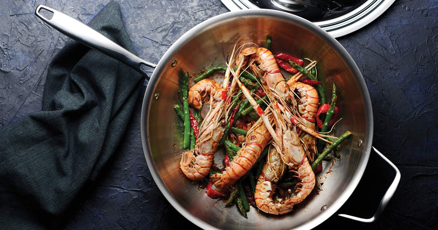 Tramontina Signature Tri - Ply Clad Stainless Steel 12.5" Wok with lid, Induction - Ready, Dishwasher - Safe, NSF - Certified, Made in Brazil - electronicsexpo.com - Frying Pans & Skillets