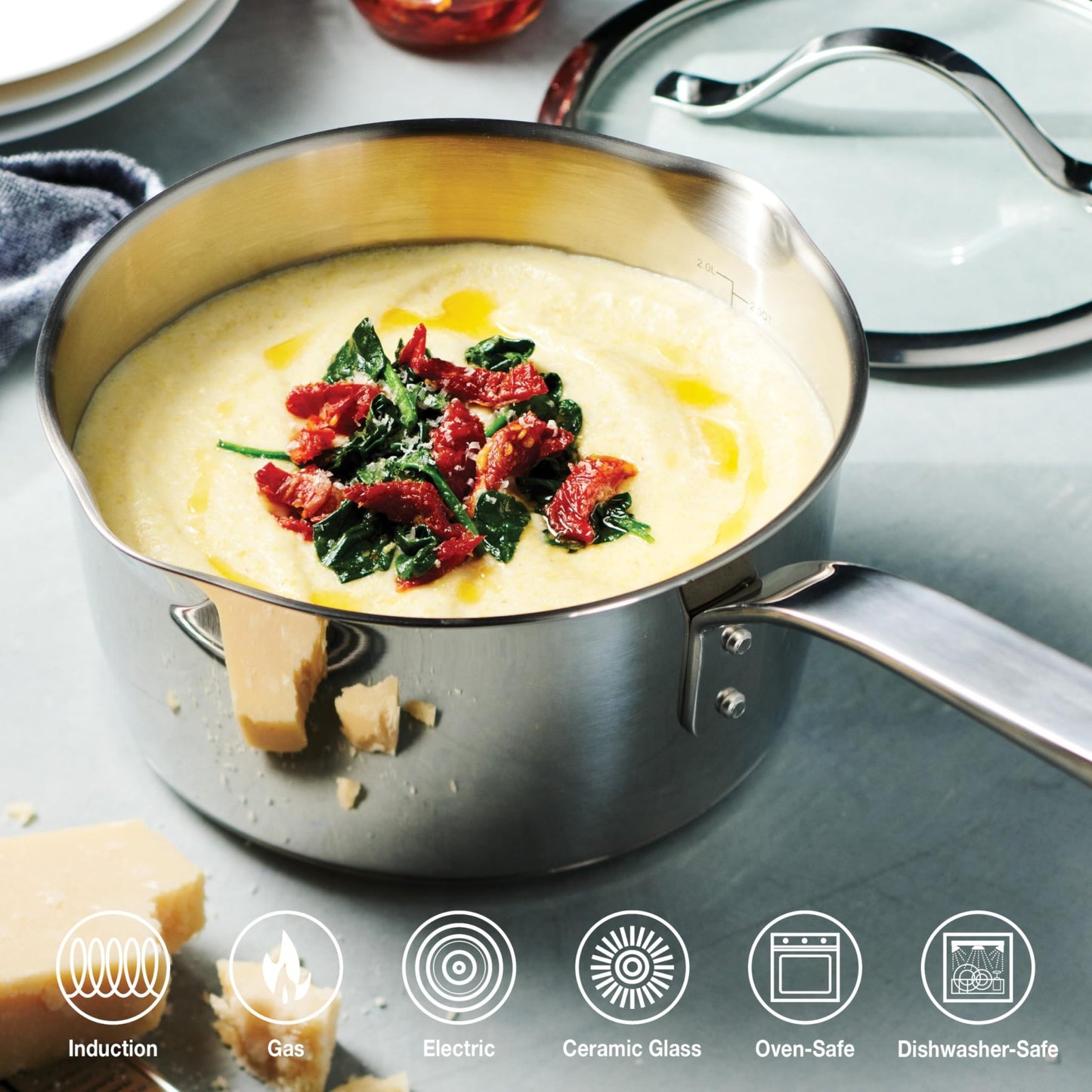 Tramontina Tempo Tri - Ply Base Stainless Steel 3 - Quart Sauce Pan with Glass Lid, Induction - Ready Saucepan, Oven - Safe, Dishwasher - Safe - electronicsexpo.com - Sauce Pans & Sauciers