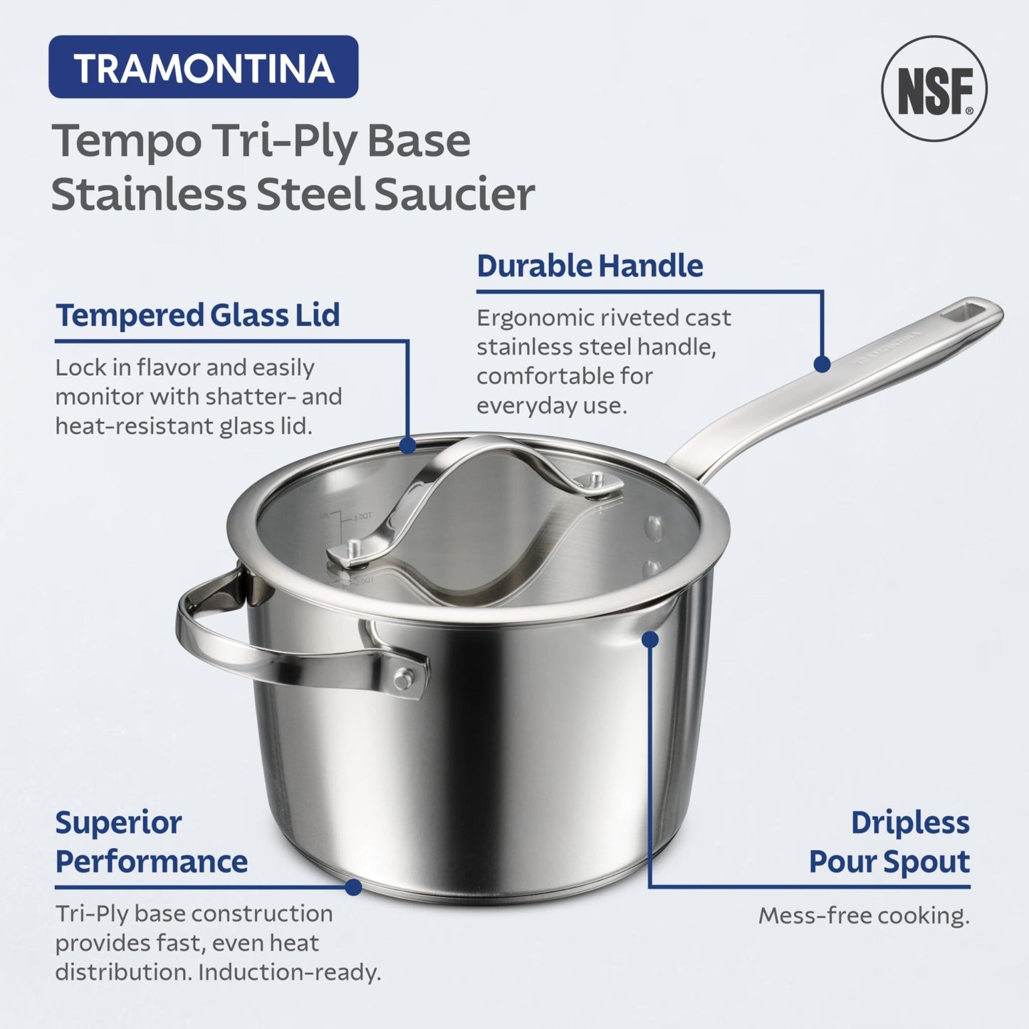 Tramontina Tempo Tri - Ply Base Stainless Steel 4 - Quart Sauce Pan with Glass Lid, Induction - Ready Saucepan, Oven - Safe, Dishwasher - Safe - electronicsexpo.com - Sauce Pans & Sauciers